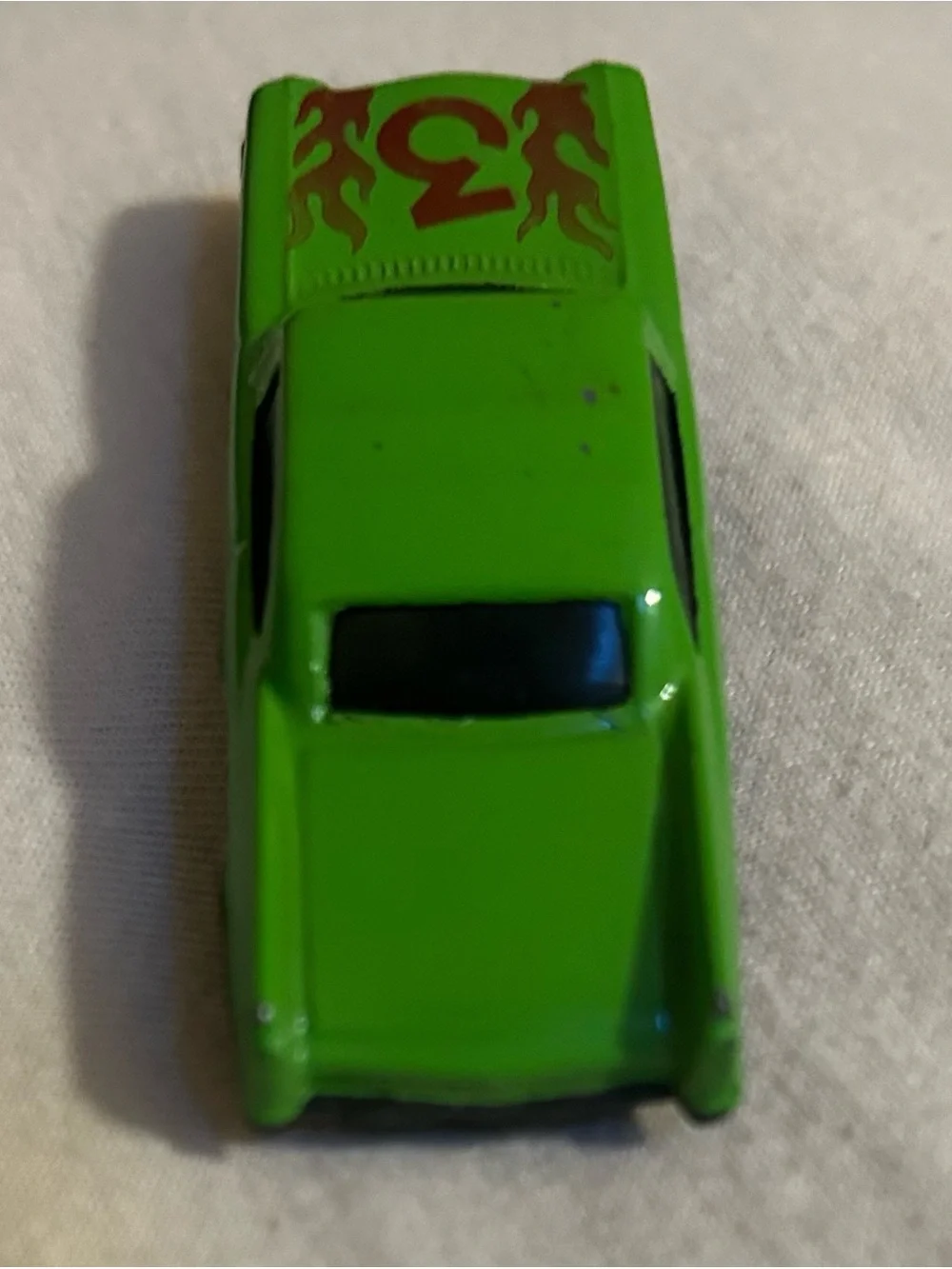 Vintage Unbranded Lime Green Diecast Toy Car Flame Graphic Hood